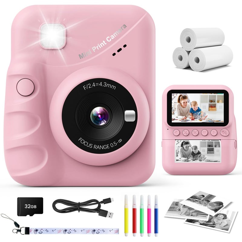 CalineGam Kids Instant Print Camera 30 Screen 48MP Photo 1080P HD Gift for 312 Year Old Girls Boys Pink with 32GB Card - Image 2