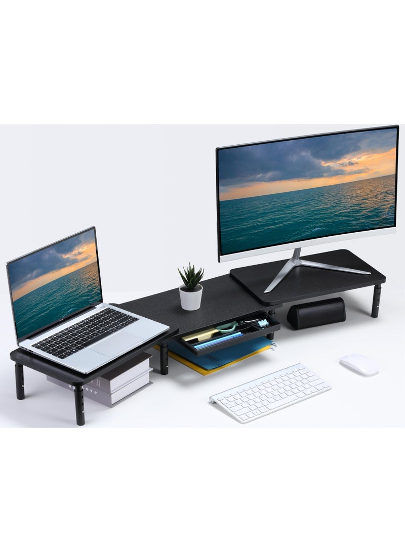 ETHU Dual Monitor Stand, Double Monitor Riser for PC Computer Laptop and Printer, Length and Angle Adjustable Desktop Stand Organizer with Phone Holder and Drawer, Universal Office Accessories, Black - Image 1