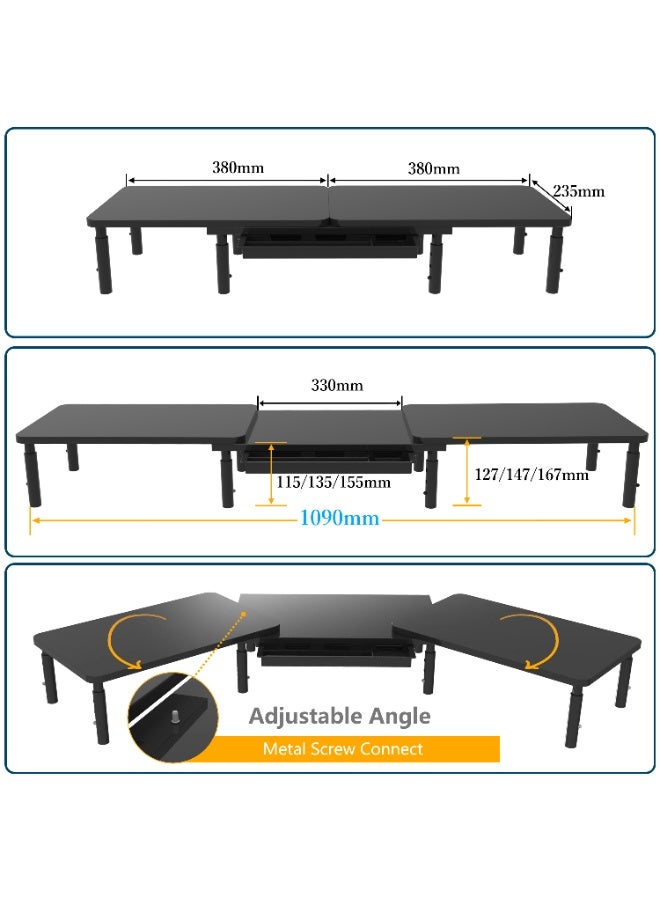 ETHU Dual Monitor Stand, Double Monitor Riser for PC Computer Laptop and Printer, Length and Angle Adjustable Desktop Stand Organizer with Phone Holder and Drawer, Universal Office Accessories, Black - Image 2