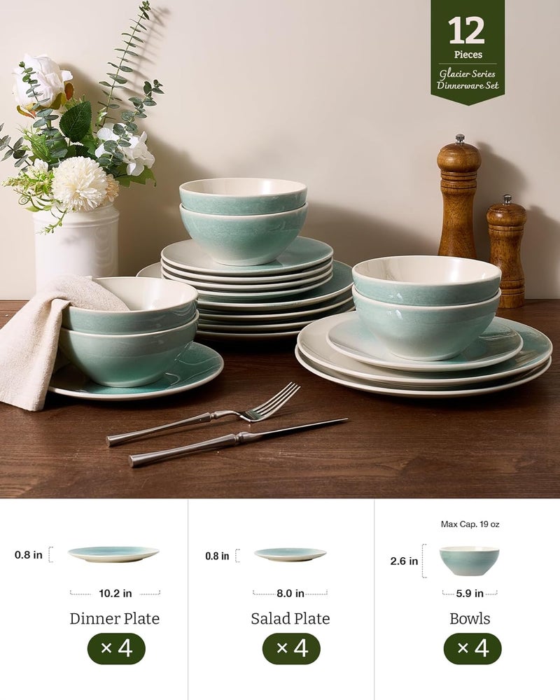Famiware 12 Piece Dinnerware Set - Aqua Reactive Glaze Stoneware for 4 - Image 3