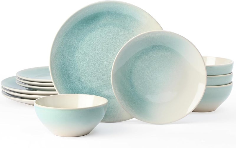 Famiware 12 Piece Dinnerware Set - Aqua Reactive Glaze Stoneware for 4 - Image 1