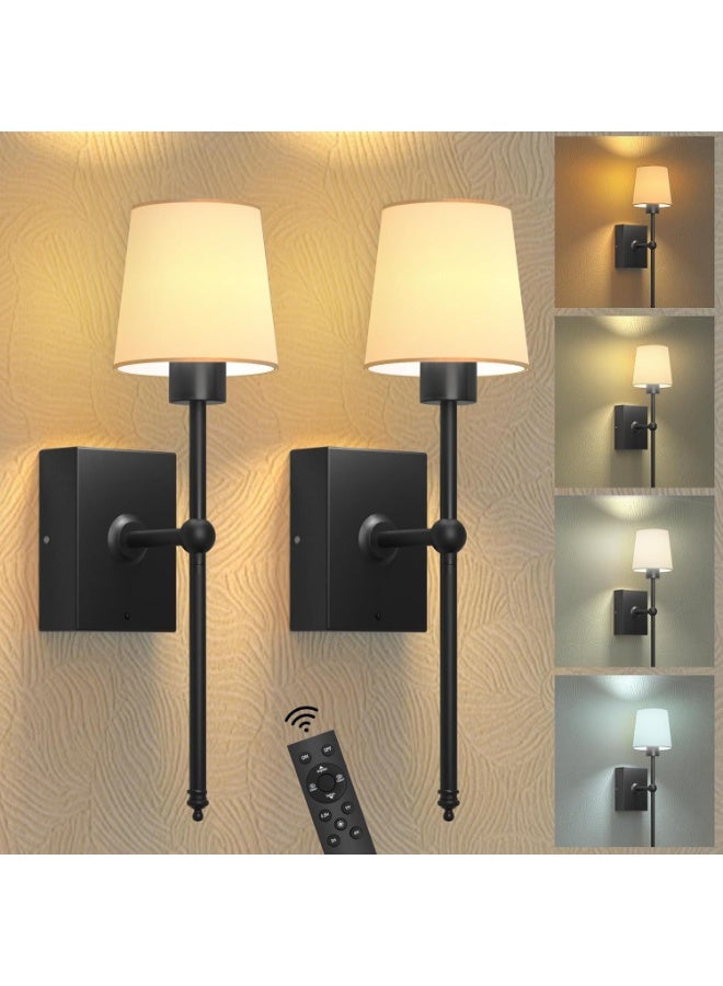 FUOE 2-Pack Smart Wall Lights, Rechargeable Battery LED Wall Lights with Remote Control, Black Wireless Fabric Lampshade, Wall-Mounted Lights for Use in Mirrored Hallways, Kitchens, Bedrooms, Living Rooms, Bathrooms, etc. - Image 1