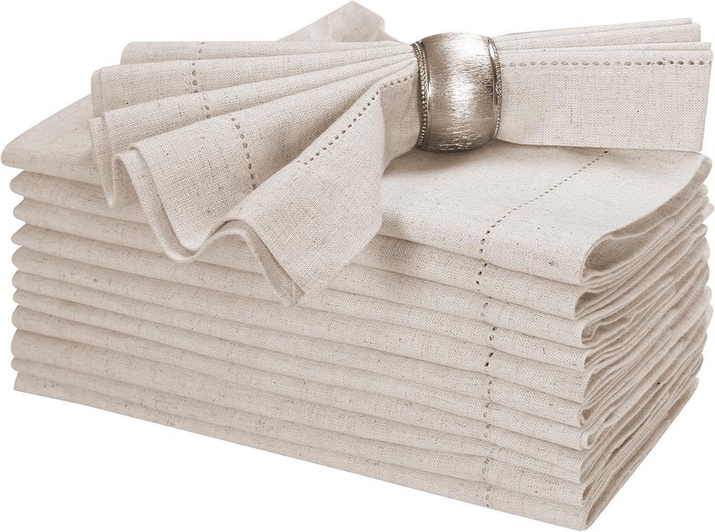 Bedding Craft Linen Flax Cotton Cloth Dinner Napkins Set of 12 – 18x18 Natural Fabric with Hemstitched Mitered Corners – Machine Washable Wedding, Cocktail & Party Table Napkins - Image 1
