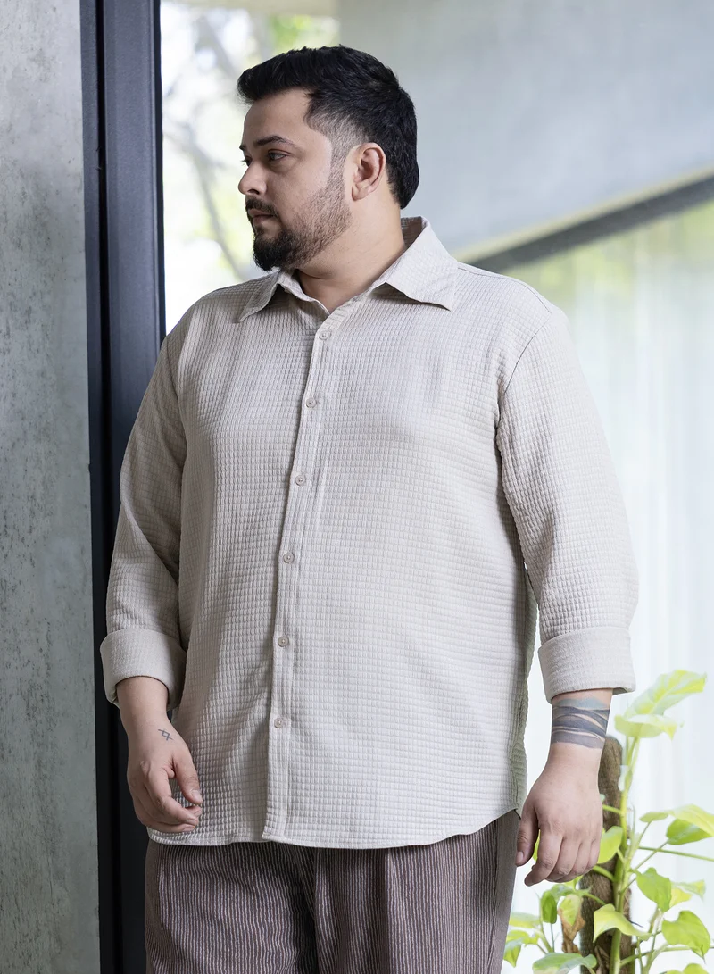 Instafab Plus Instafab Plus Men's Cloud Grey Grid-Textured Shirt For Casual Wear | Spread Collar | Long Cuffed Sleeves | Button Closure | Plus Size Shirt Crafted With Comfort Fit For Everyday Wear