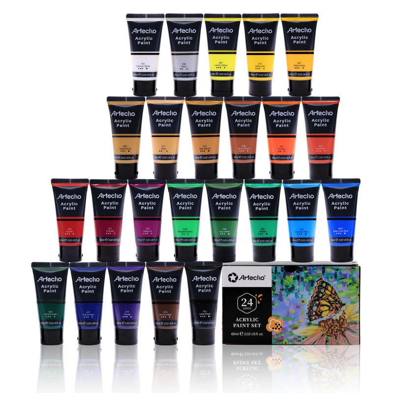 Artecho Professional Acrylic Paint Set, 24 Basic Colors Tubes (60ml / 2.02oz) Art Craft Paints for Canvas, Rock, Wood, Fabric, Art Supplies - Image 1