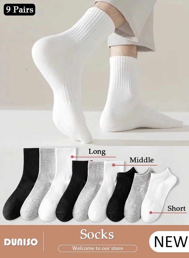 DUNISO 9 Pairs  Solid Color Cotton Socks for Men Women,3 Lengths, Moisture Wicking, Lightweight and Comfortable Suitable for Autumn and Winter, a Variety of Colors for Business Casual Wear - Image 1