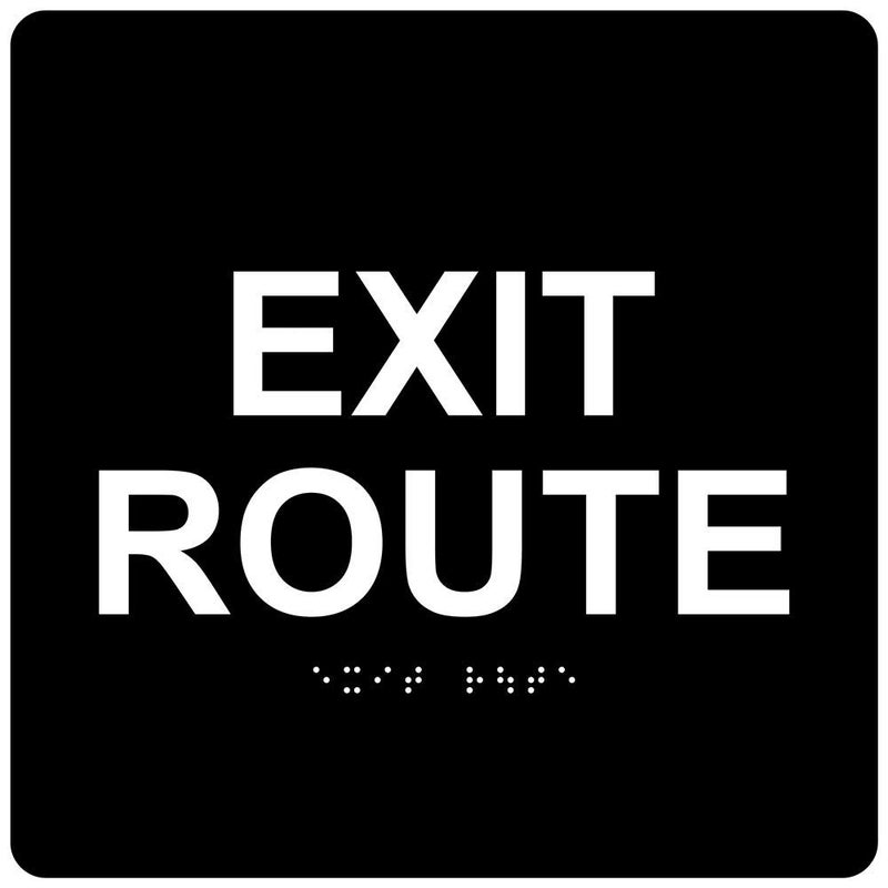 ComplianceSigns.com Exit Route Sign, ADA-Compliant Braille with Raised Letters, 6x6 in. White on Black Acrylic with Adhesive Mounting Strips, American Made Safety Signs for the Workplace - Image 1