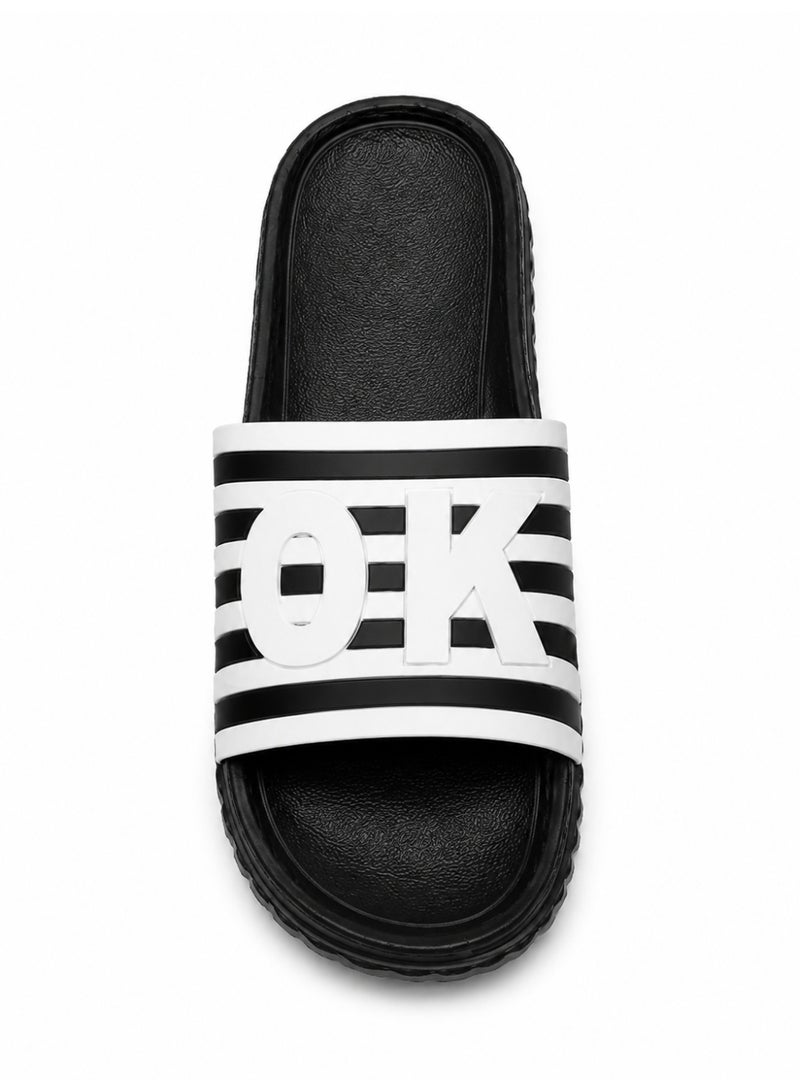 Men’s Slide Sandals, Lightweight EVA Shower Slippers with Non-Slip Sole, Quick-Dry Open Toe Beach Pool House Slides, White Stripe Letter Design, Blue Black Navy, EU 40-45 - Image 2