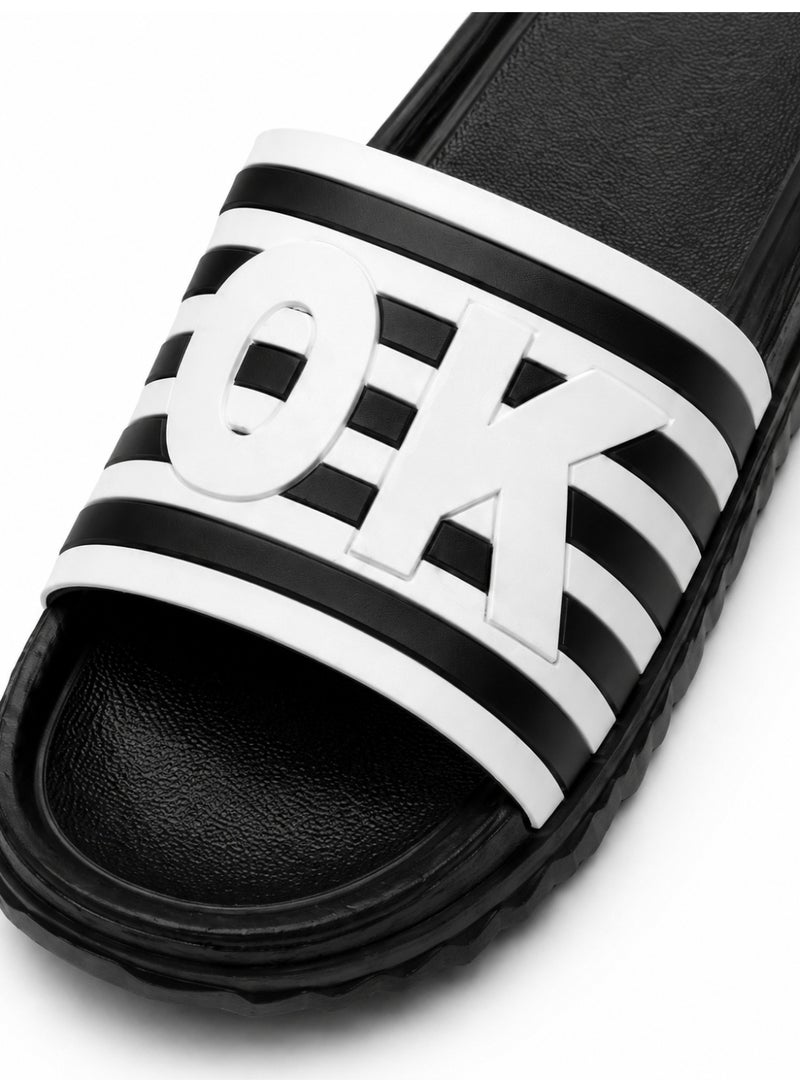 Men’s Slide Sandals, Lightweight EVA Shower Slippers with Non-Slip Sole, Quick-Dry Open Toe Beach Pool House Slides, White Stripe Letter Design, Blue Black Navy, EU 40-45 - Image 3