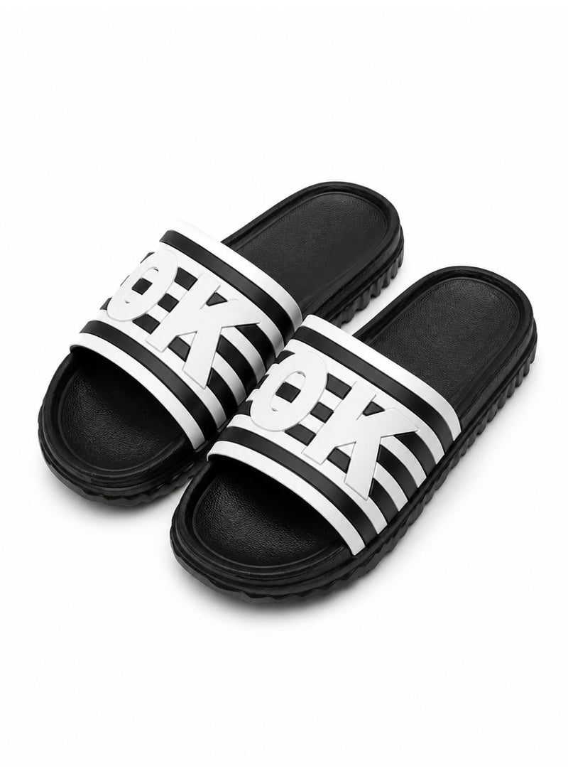 Men’s Slide Sandals, Lightweight EVA Shower Slippers with Non-Slip Sole, Quick-Dry Open Toe Beach Pool House Slides, White Stripe Letter Design, Blue Black Navy, EU 40-45 - Image 1