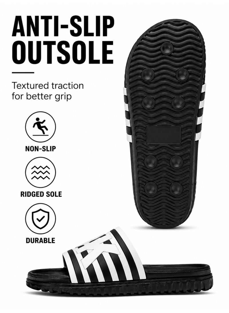 Men’s Slide Sandals, Lightweight EVA Shower Slippers with Non-Slip Sole, Quick-Dry Open Toe Beach Pool House Slides, White Stripe Letter Design, Blue Black Navy, EU 40-45 - Image 4