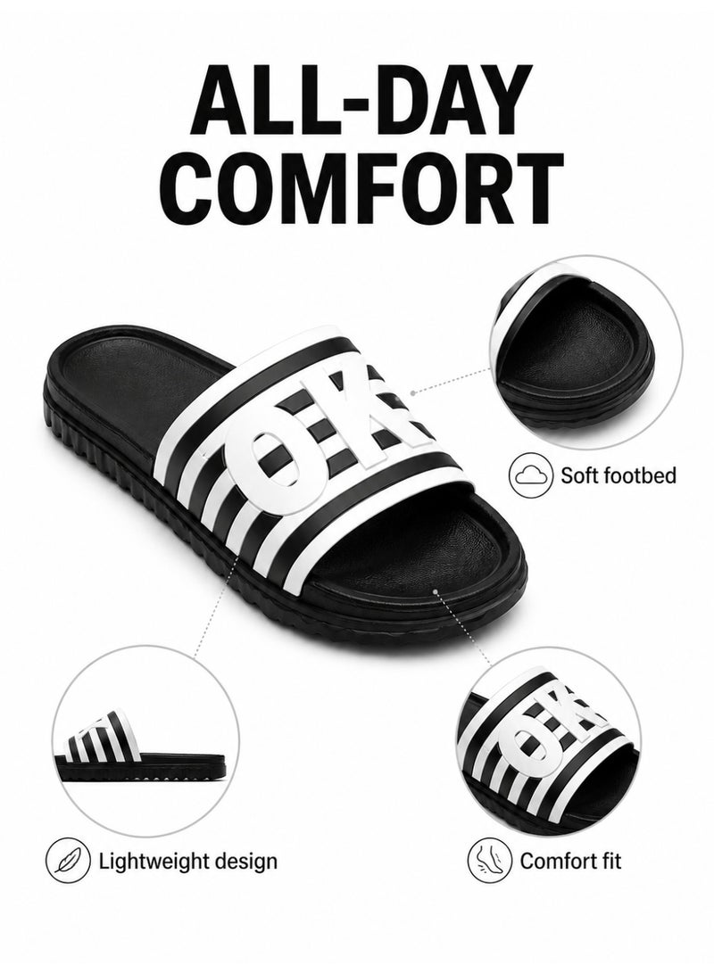Men’s Slide Sandals, Lightweight EVA Shower Slippers with Non-Slip Sole, Quick-Dry Open Toe Beach Pool House Slides, White Stripe Letter Design, Blue Black Navy, EU 40-45 - Image 5