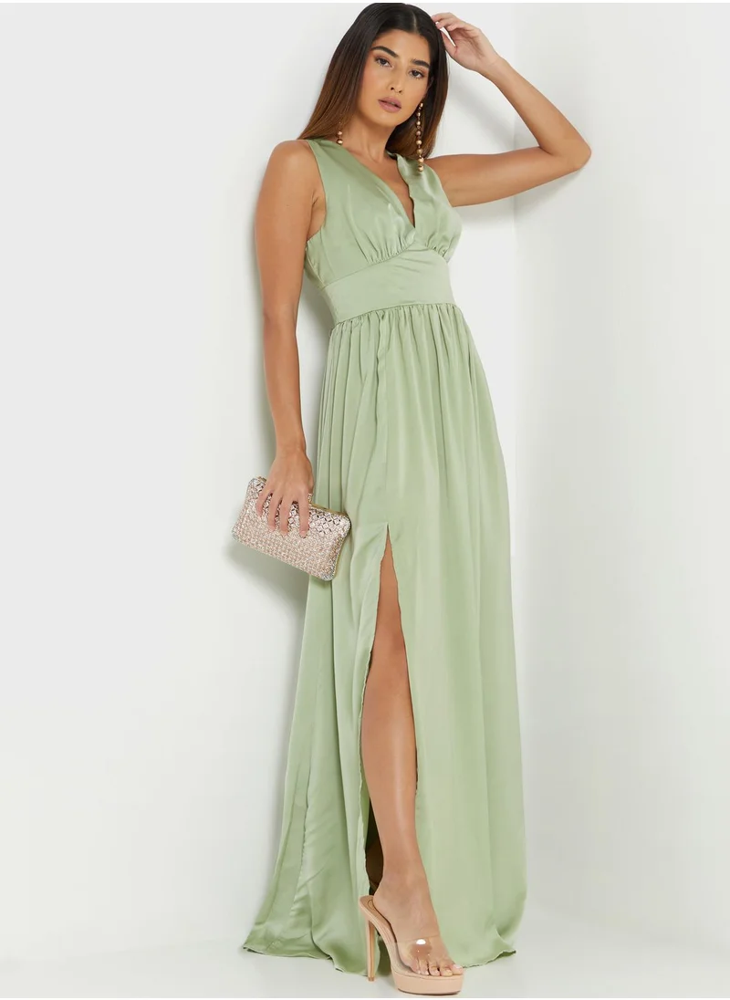 boohoo Satin Plunge Rouched Maxi Dress