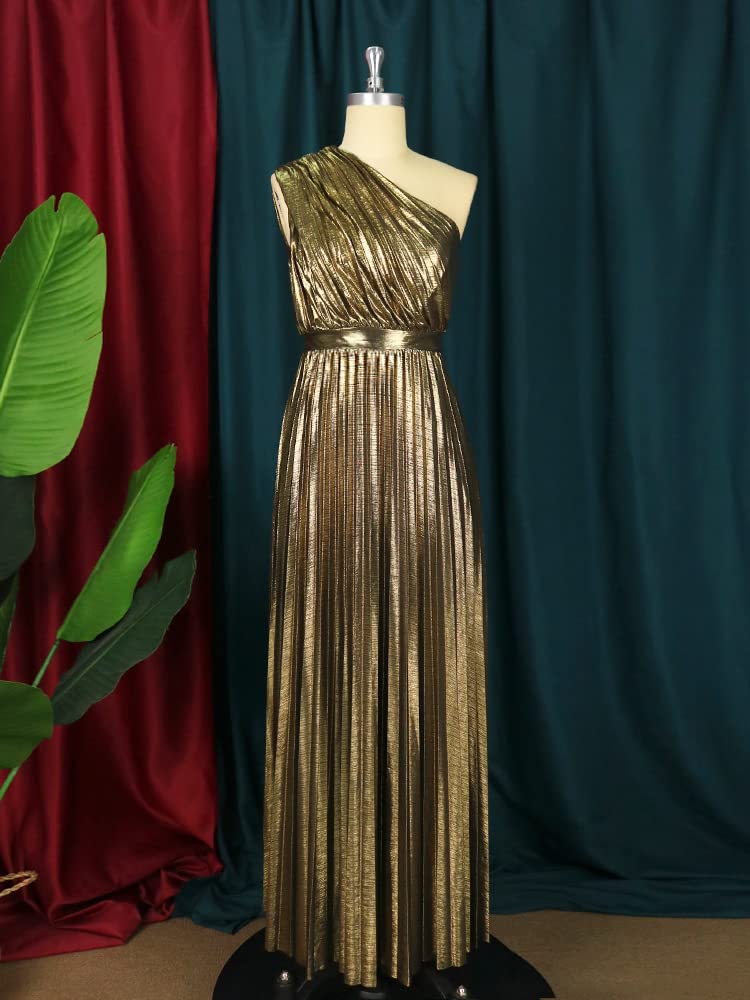 AOMEI Women's Gold Luxury Metallic One Shoulder Sleeveless Elegant Pleated Long Dress (2XL,XX-Large) - Image 3