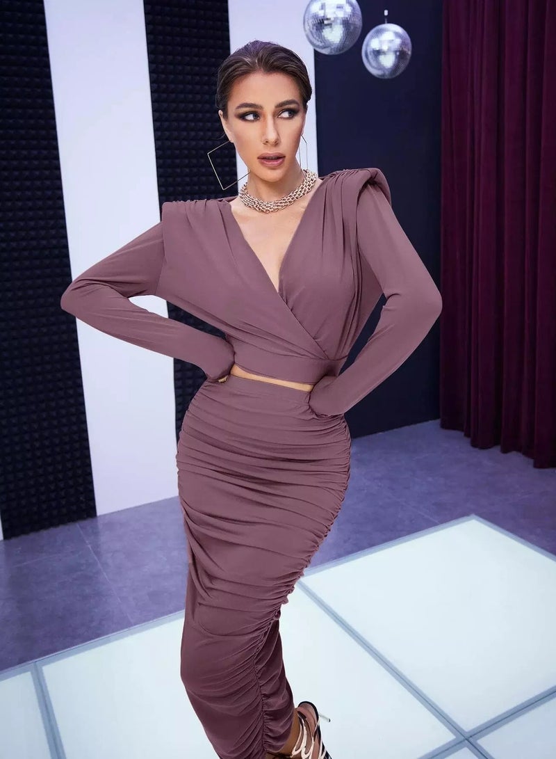 Padded Shoulder Knotted Back Wrap Top & Ruched Pencil Skirt - Image 1