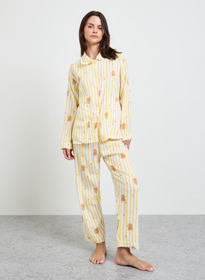 Styli Yellow Bear Striped Print Shirt and Pyjama Set - Image 1