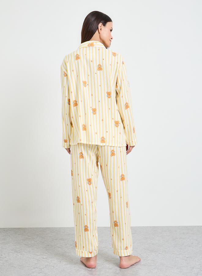 Styli Yellow Bear Striped Print Shirt and Pyjama Set - Image 5