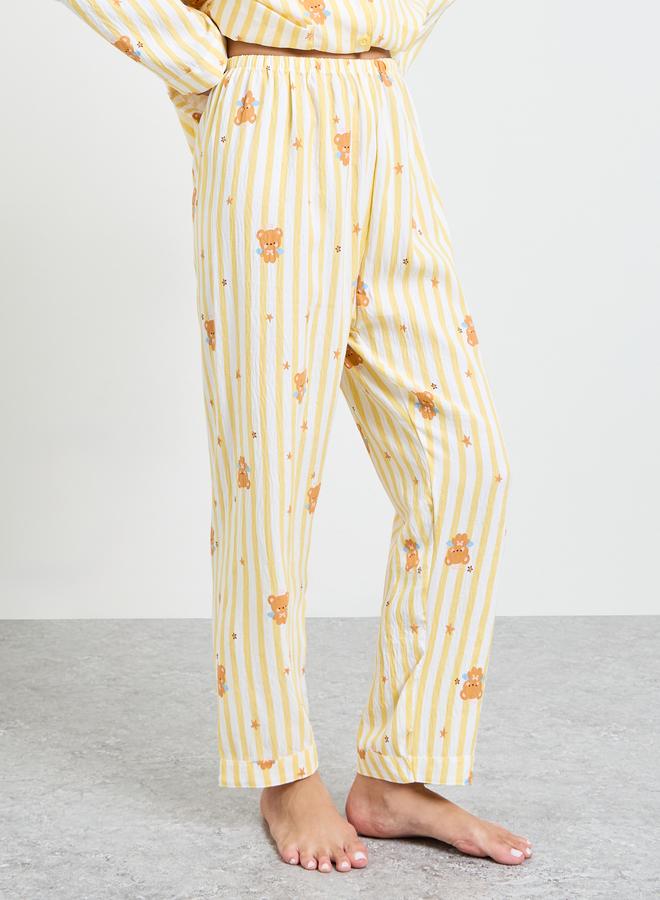 Styli Yellow Bear Striped Print Shirt and Pyjama Set - Image 4