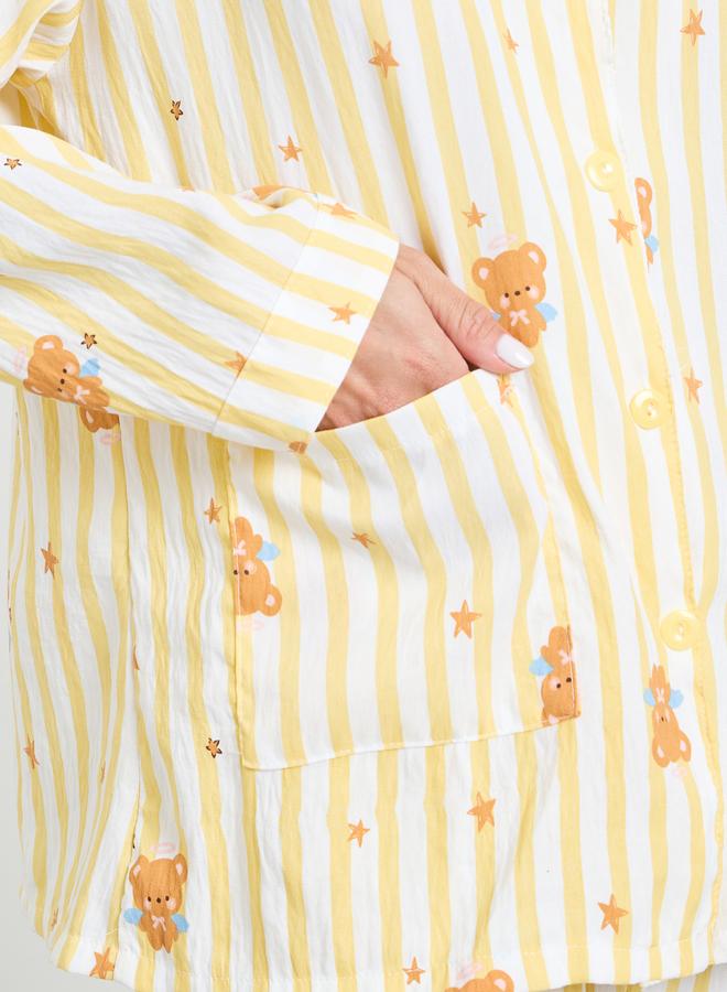 Styli Yellow Bear Striped Print Shirt and Pyjama Set - Image 3