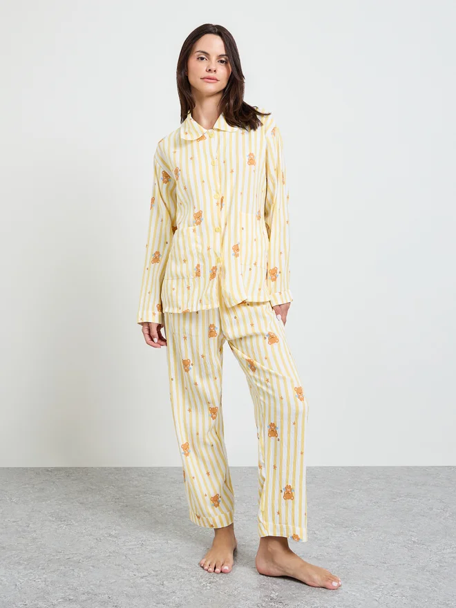 Styli Styli Yellow Bear Striped Print Shirt and Pyjama Set