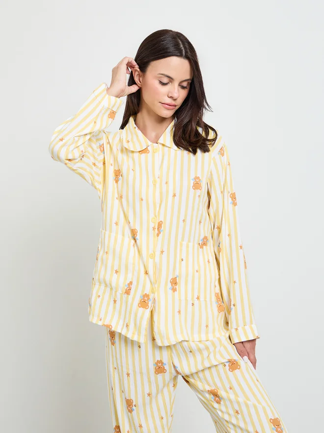Styli Styli Yellow Bear Striped Print Shirt and Pyjama Set