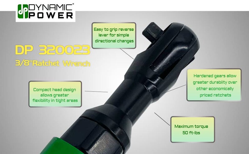 Dynamic Power 3/8 inch Professional Air Ratchet Reversible (Green&Black) MAX. TORQUE:45 FT-LBS - Image 4