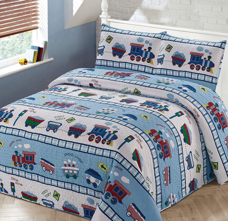 Better Home Style Better Home Style Red White and Blue Choo Choo Train Railroad Tracks KidsBoysToddler Coverlet Bedspread Quilt Set with Pillowcases  Train QueenFull 