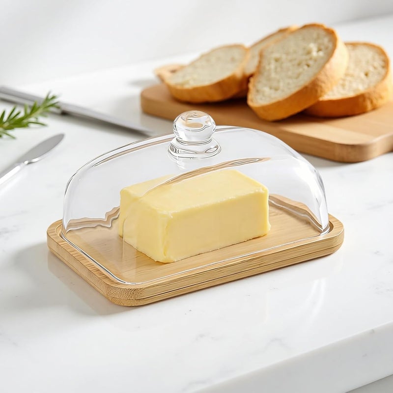 Generic Butter Holder with Lid, Glass Butter Keeper Container, Wood Base, Wide Dish with Transparent Cover for Countertop, Cheese, Dessert Serving Plate, 7.1x4.7x3.7 in - Image 2