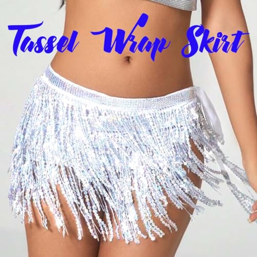 REETAN Fringe Sequin Skirt Belly Dance Sparkly Tassel Skirts for Women (A-Silver) - Image 5