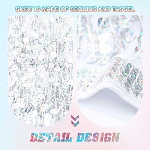 REETAN Fringe Sequin Skirt Belly Dance Sparkly Tassel Skirts for Women (A-Silver) - Image 4