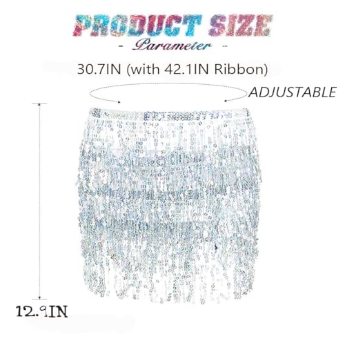 REETAN Fringe Sequin Skirt Belly Dance Sparkly Tassel Skirts for Women (A-Silver) - Image 2