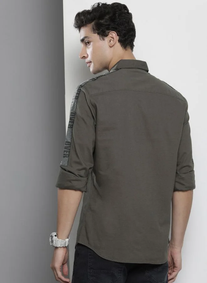 The Indian Garage Co Men Slim Fit Sleeve Tape Full Sleeves Cutaway Collar Street Wear Shirt