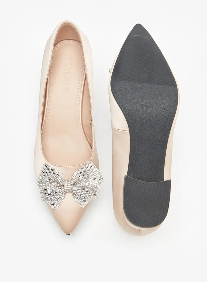 Celeste Women's Bow Embellished Pointed Toe Pumps with Block Heels