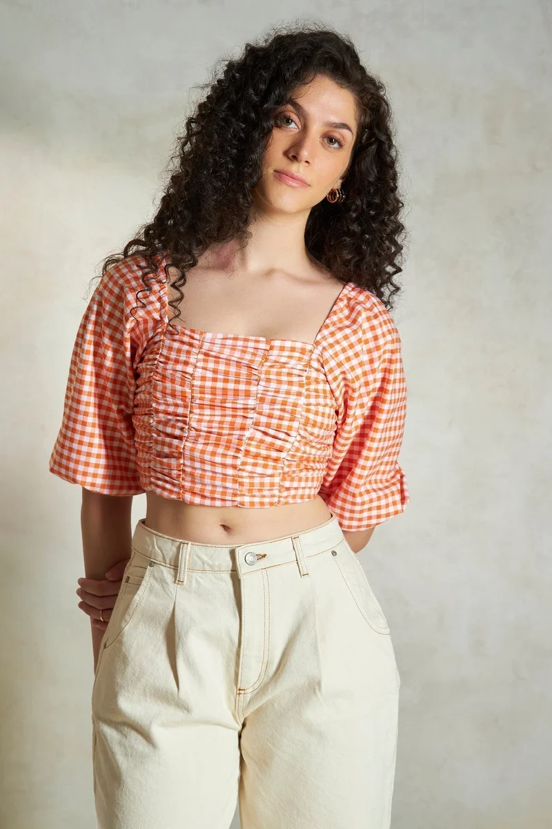 Virgio VIRGIO 100% Cotton Gathered-Detail Crop Top