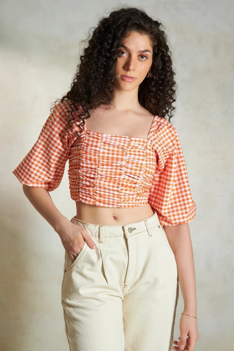 Virgio VIRGIO 100% Cotton Gathered-Detail Crop Top