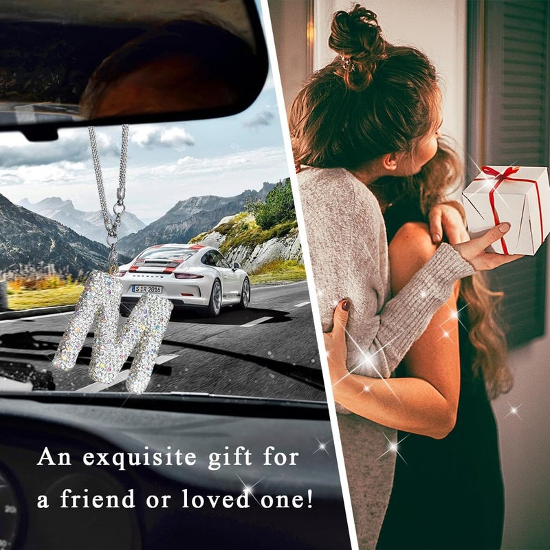 DXNQ Bling Initial Car Rear View Mirror Ornament, Crystal Sparkling Cute Letter Charm Pendant Auto Decor, Hanging Lucky Diamond Initial Charm Car Mirror Bag Ornament for Girl Women (Letter M) - Image 5