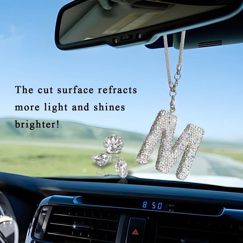 DXNQ Bling Initial Car Rear View Mirror Ornament, Crystal Sparkling Cute Letter Charm Pendant Auto Decor, Hanging Lucky Diamond Initial Charm Car Mirror Bag Ornament for Girl Women (Letter M) - Image 3