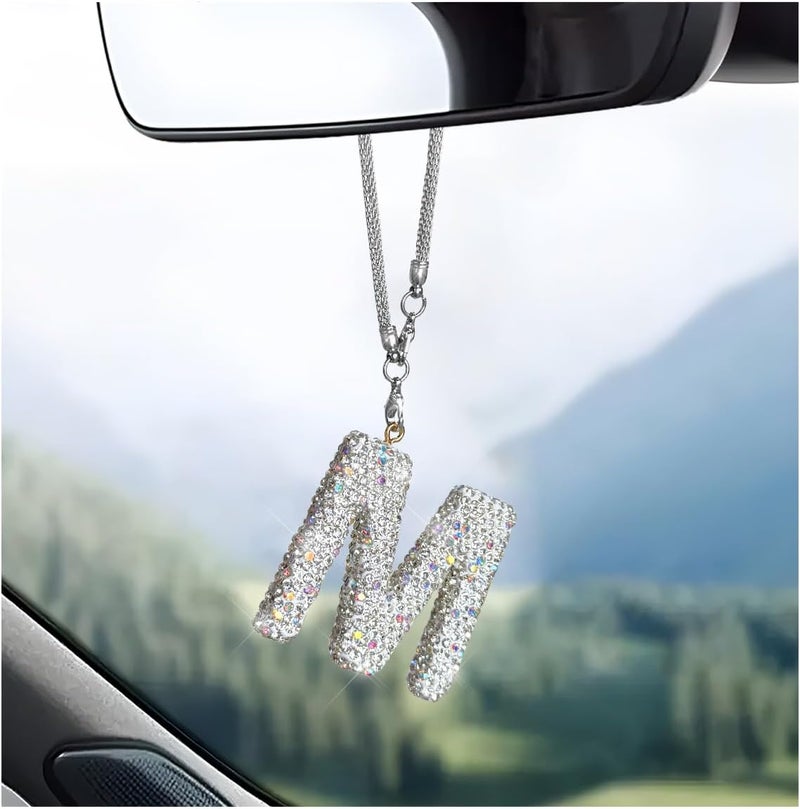 DXNQ Bling Initial Car Rear View Mirror Ornament, Crystal Sparkling Cute Letter Charm Pendant Auto Decor, Hanging Lucky Diamond Initial Charm Car Mirror Bag Ornament for Girl Women (Letter M) - Image 1