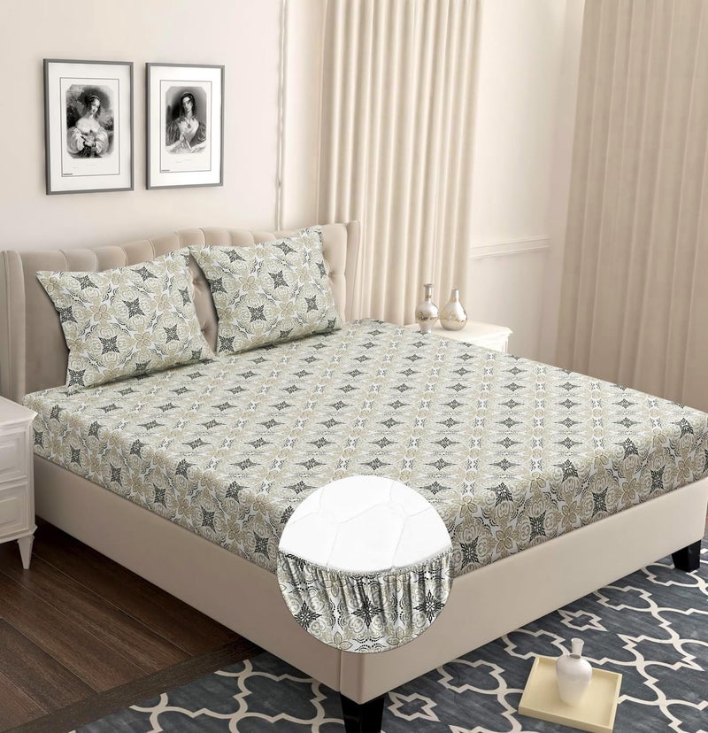 BSB HOME Premium Cotton Elastic Fitted Bedsheets with 2 King Size Pillow Covers | Double Bed Wrinklfree with All Around Elastic 220 TC Supersoft | (72"x78", Grey & White) - Image 1