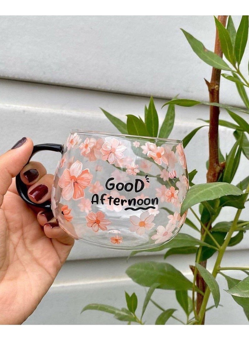 مج زجاج مقاوم للحرارة للشاي والقهوة والمشروبات الباردة بطباعة عبارة «Good Afternoon» مصنوع من البوروسيليكات عالي الجودة مع مقبض  - Image 1
