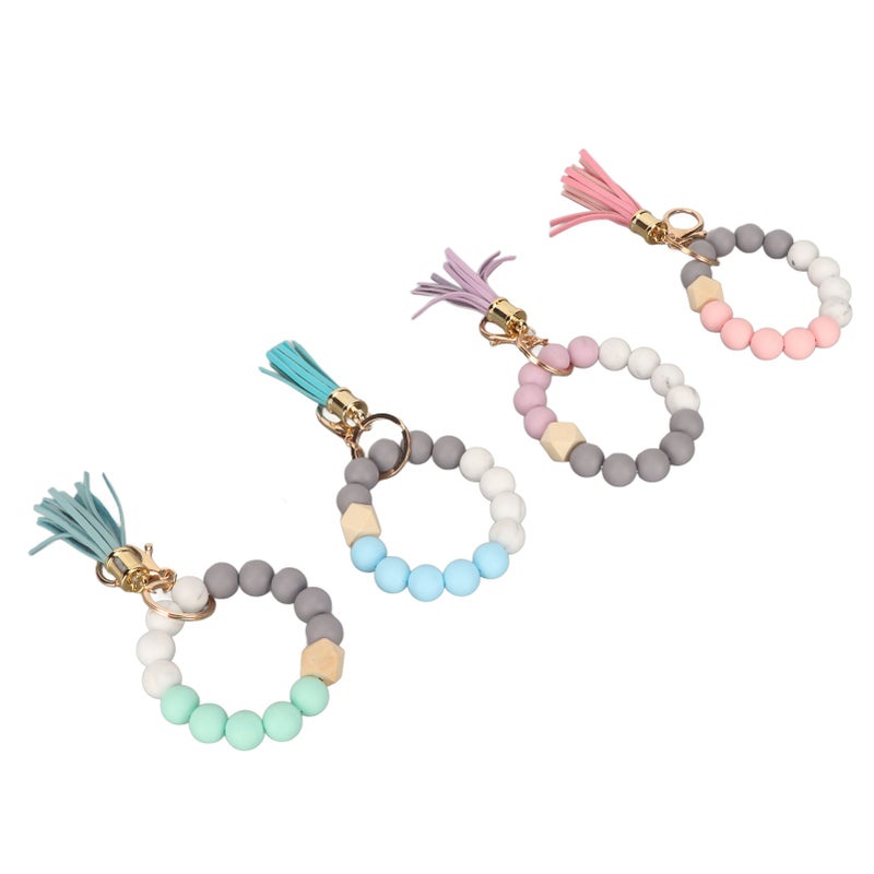 4Pcs Keychain Bracelet Tassels Style Silicone Beads Metal Lobster Clasp Beaded Wristlet for Handbag Home Outing - Image 1