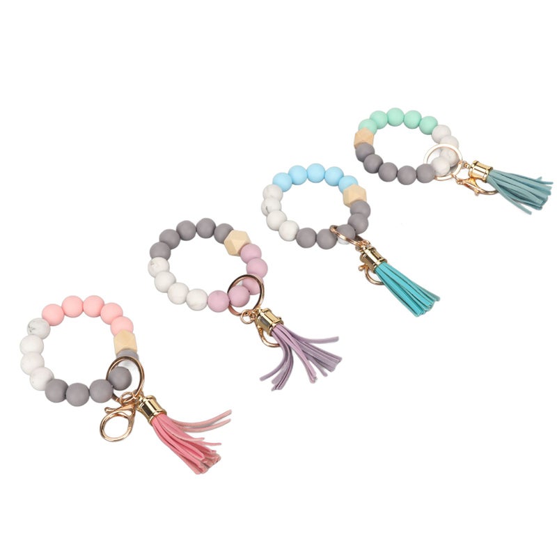 4Pcs Keychain Bracelet Tassels Style Silicone Beads Metal Lobster Clasp Beaded Wristlet for Handbag Home Outing - Image 3