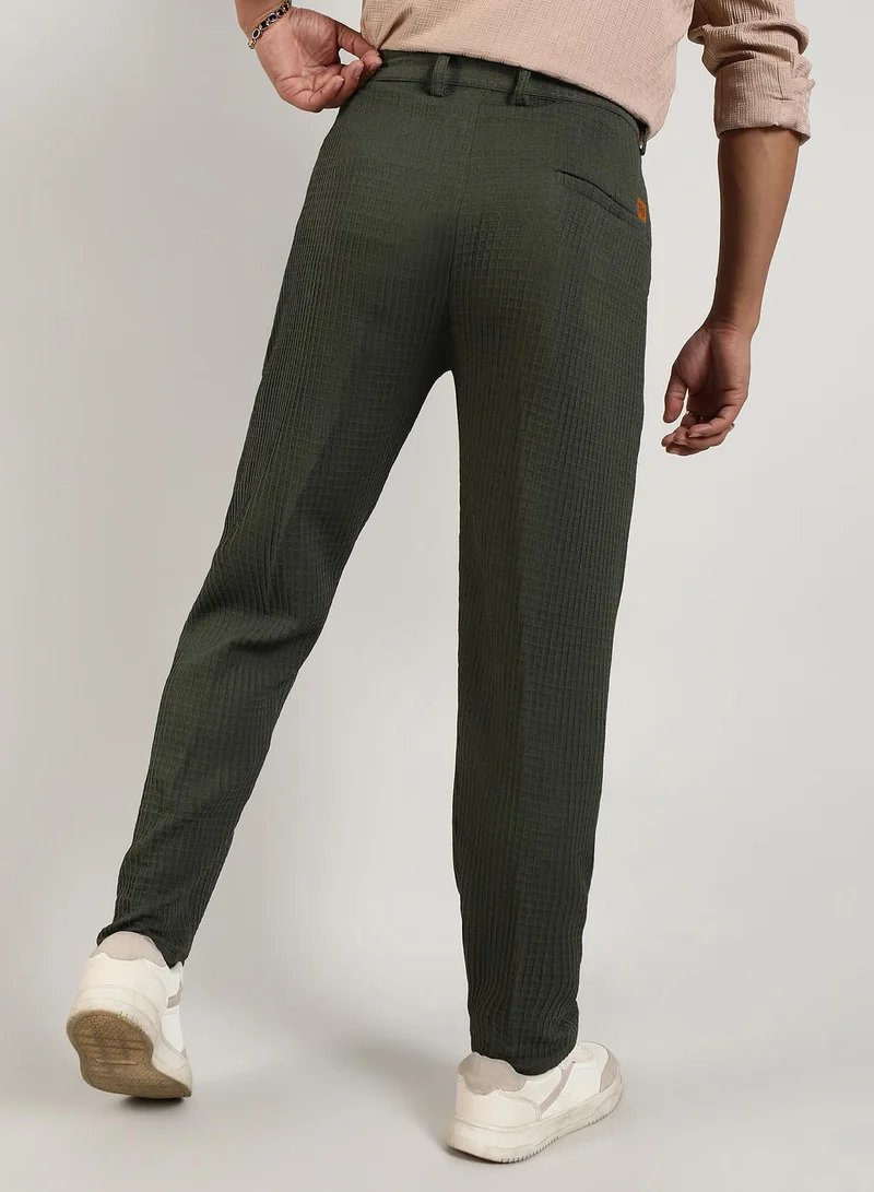 Campus Sutra Men's Forest Green Textured Graph Check Trousers