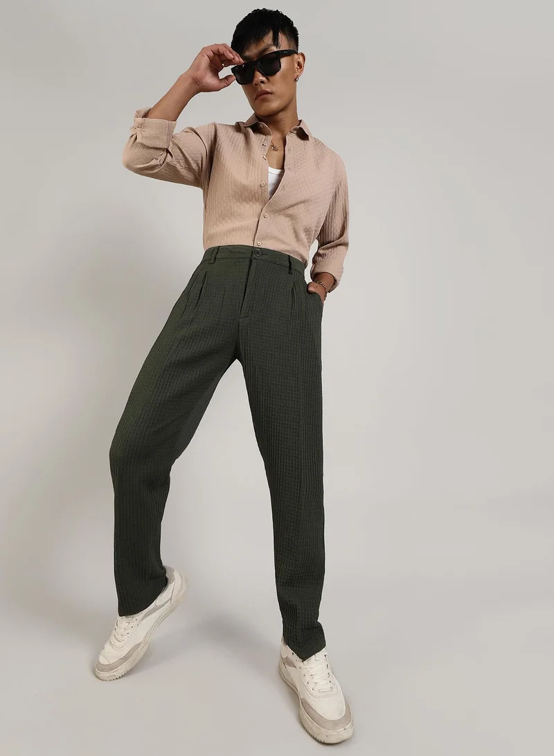 Campus Sutra Men's Forest Green Textured Graph Check Trousers