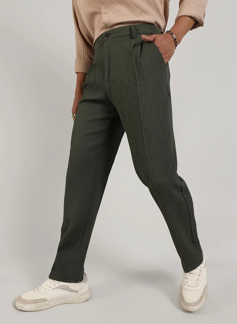 Campus Sutra Men's Forest Green Textured Graph Check Trousers