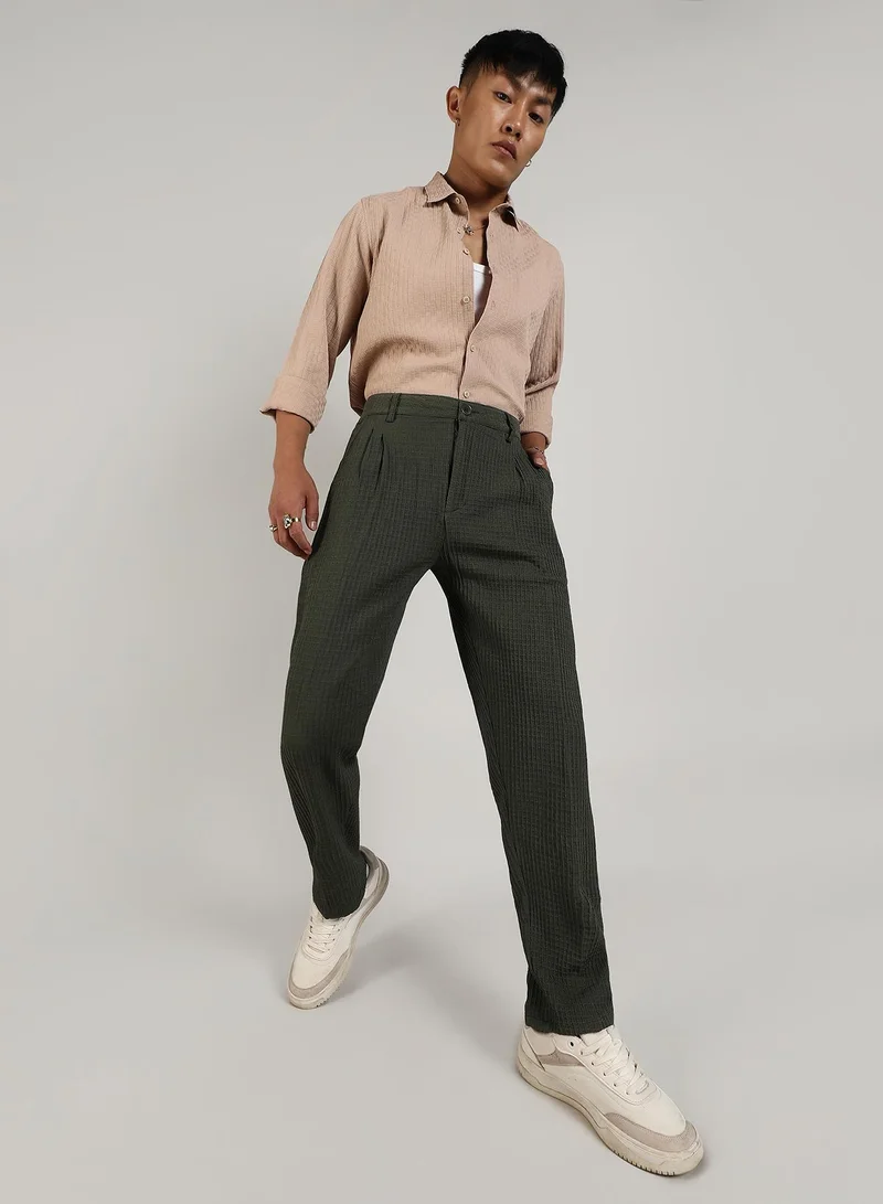Campus Sutra Men's Forest Green Textured Graph Check Trousers