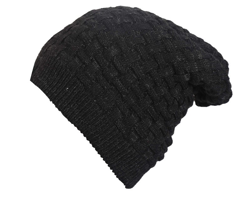 FabSeasons Acrylic Woollen Slouchy Unisex Beanie and Skull Cap with Faux Fur on The Inner Side (Black, Free Size) - Image 1
