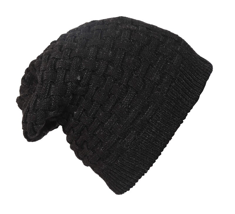 FabSeasons Acrylic Woollen Slouchy Unisex Beanie and Skull Cap with Faux Fur on The Inner Side (Black, Free Size) - Image 3
