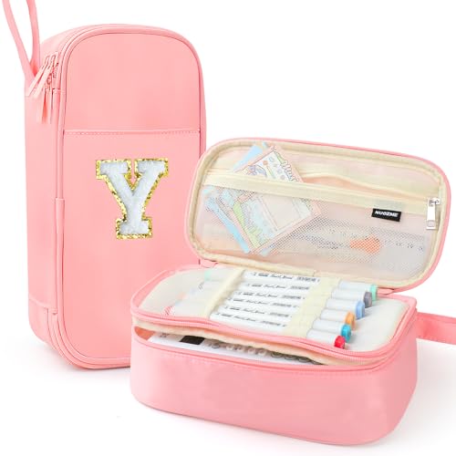 Nuozme Large Pencil Case,Big Capacity Pencil Pouch,Personalized Initial Pencil Bag with smooth zipper,Multiple Pockets,Cute Aesthetic Stationery Pen Case Bag for Teen Girls College (Pink, Y) - Image 1