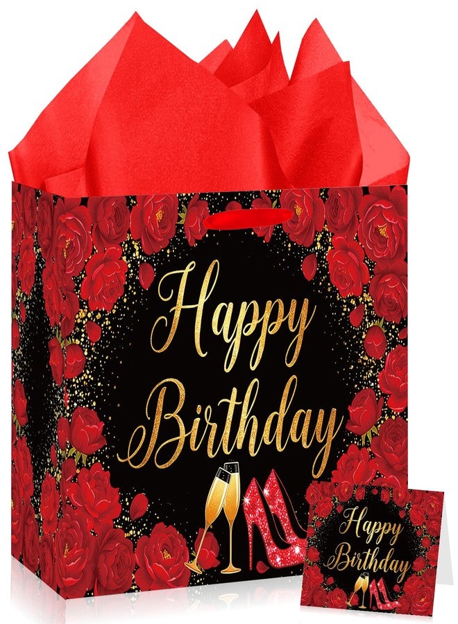 Woosytoo Happy Birthday Gift Bag for Women - Glamorous Black and Red Rose Floral Gift Wrapping Bag with Tissue Paper & Card - High Heels Champagne Theme Present Sack for Wife Mom Sister Best Friend - Image 1